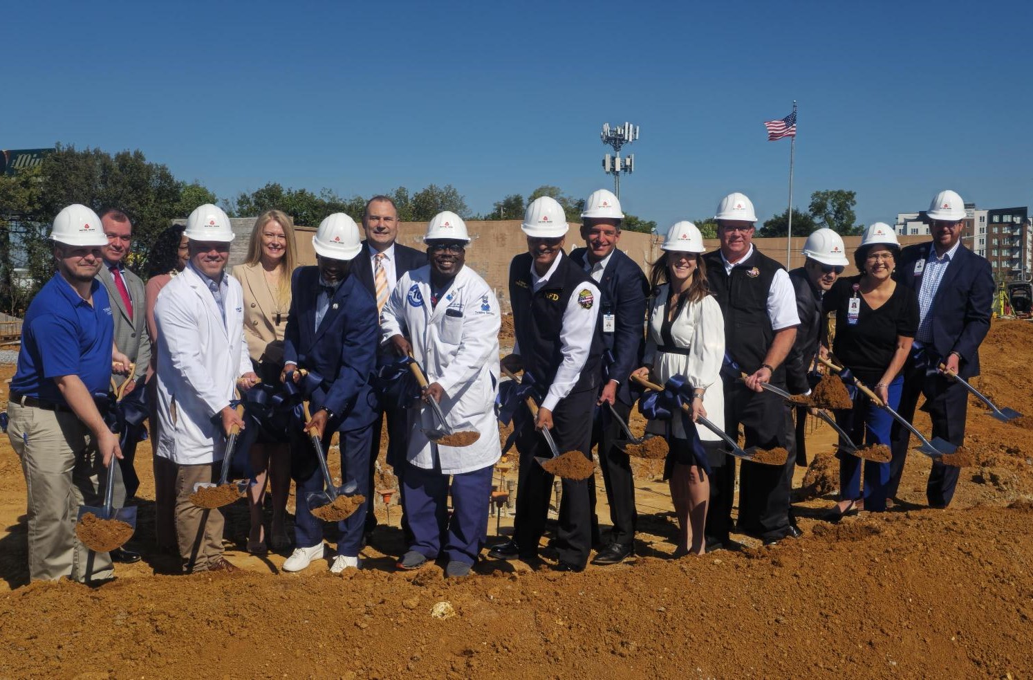 Pictured are leadership from TriStar Skyline and TriStar Health, along with physicians and dignitaries, shoveling dirt at the groundbreaking for TriStar East Nashville ER.