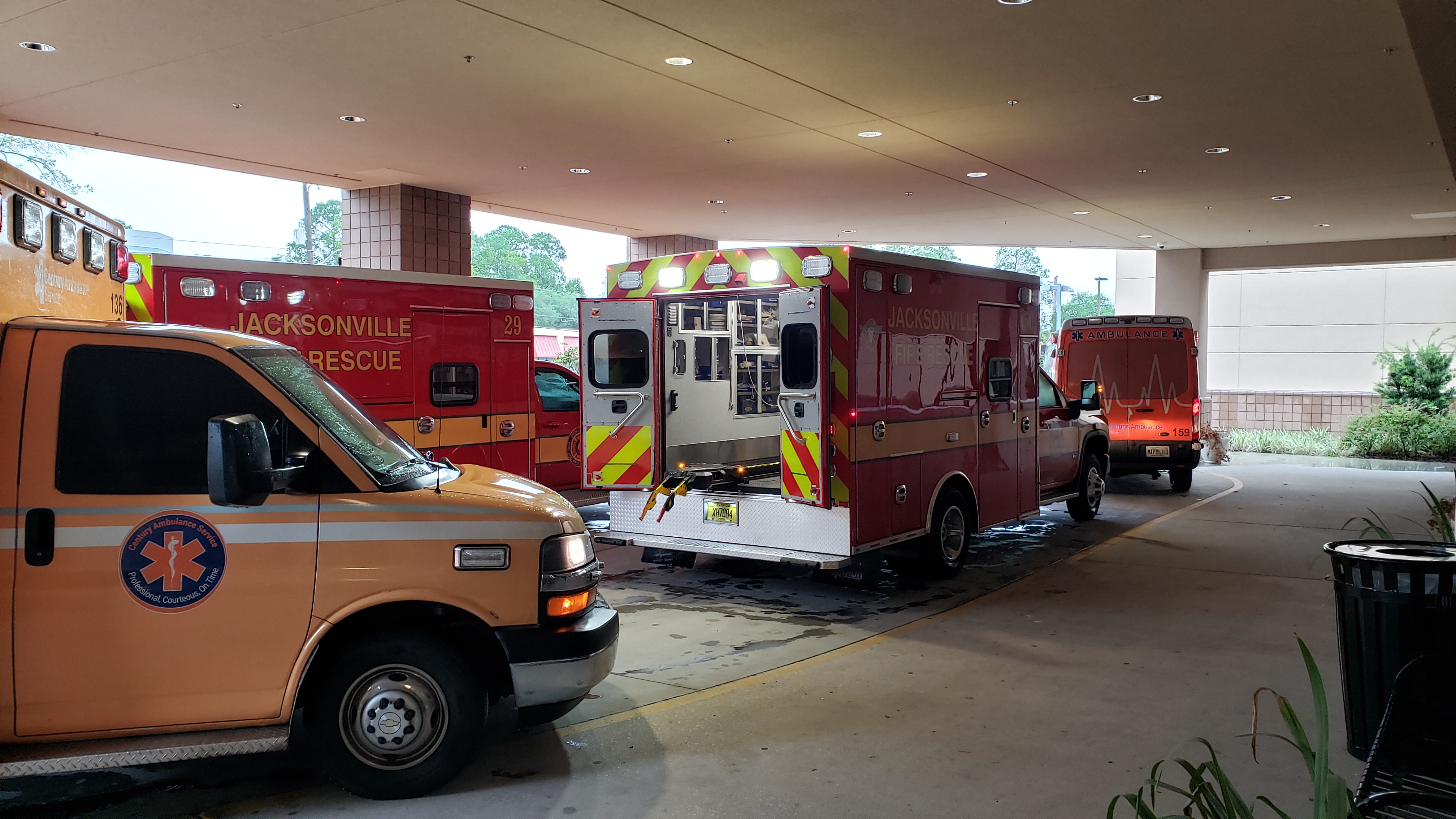 Ambulances parked outside of the ER.