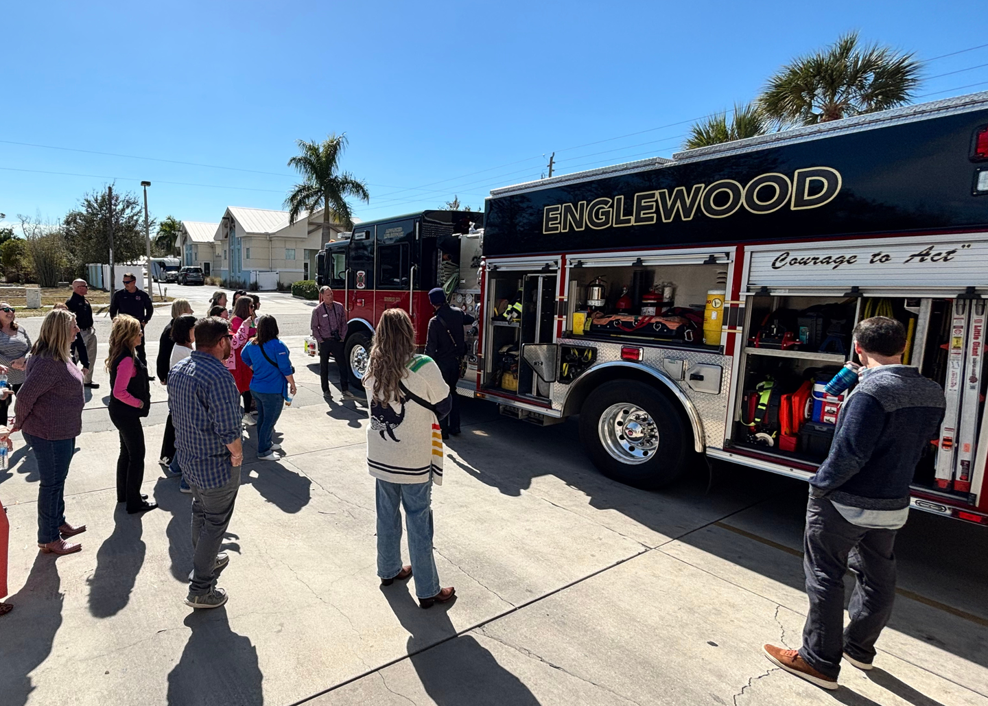 Station 71 Crew at Englewood Fire Department Deputy Chief Karl Bennett, Lt. Ken Camara, Firefighter/Paramedic Cory Krajic, and Firefighter/EMT Todd Park took time to provide a firsthand look at the department's emergency vehicles.
