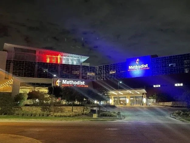 Hospital exteriors are shining red, white, and blue marking the 23rd anniversary of the September 11, 2001 attacks.