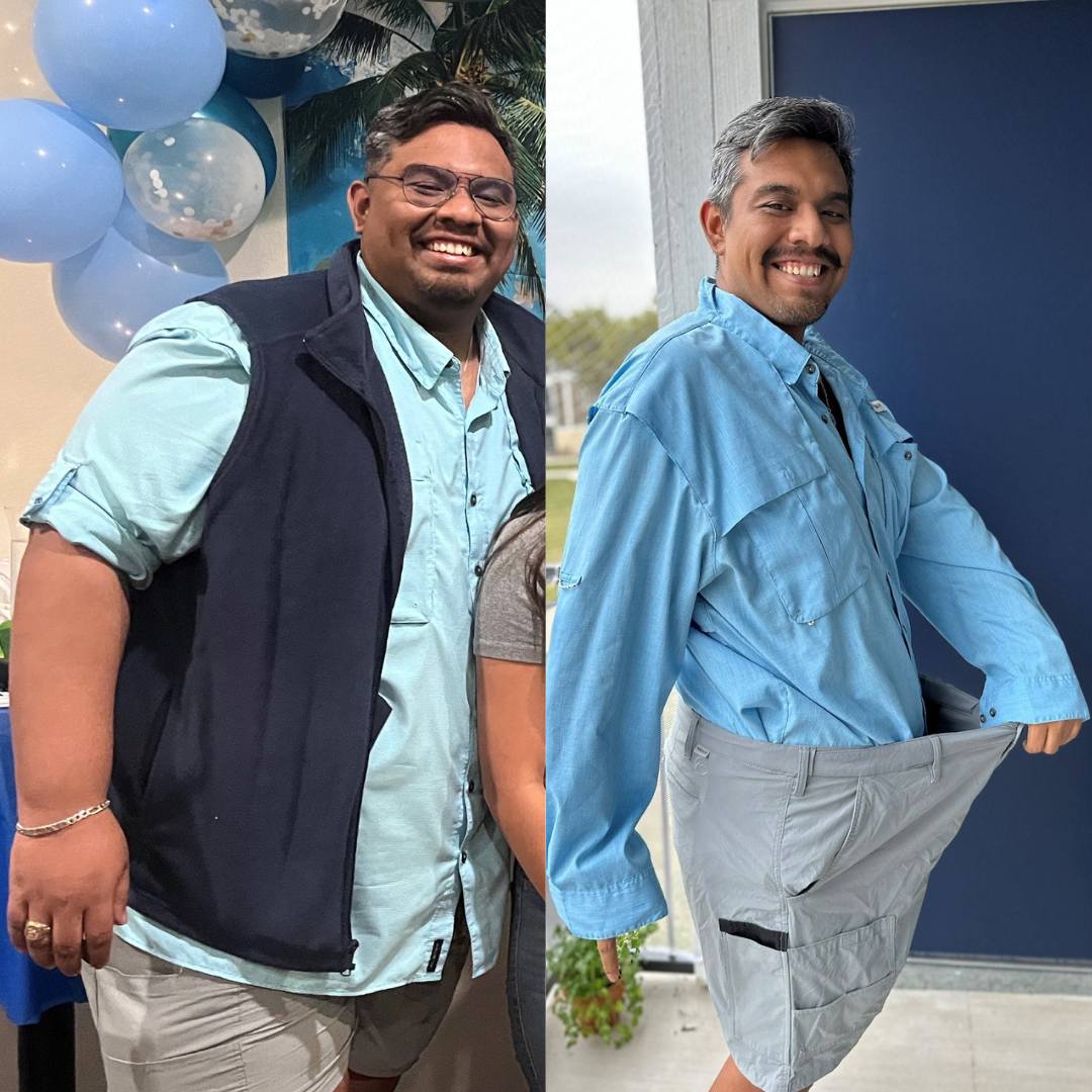 Alan Contreras before and after weight loss photo showing significantly larger old pants