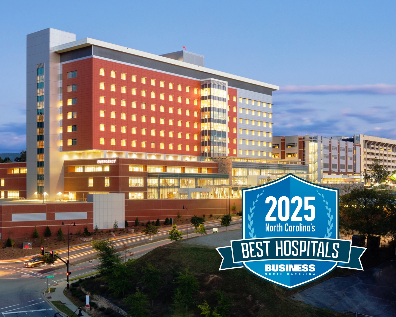 "2025 North Carolina's Best Hospitals" awards badge on a Mission Hospital building background.