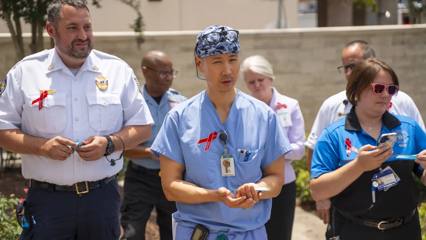 Seon Jones, MD, Medical Director of Trident Medical Center's trauma program, thanked regional first responders at the hospital's trauma survivor's event.