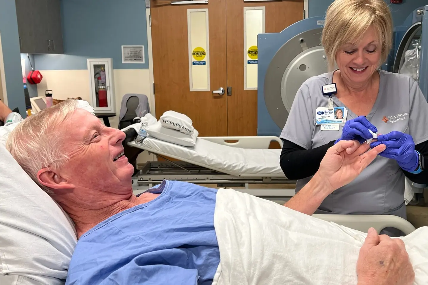 Ross is being cared for as he is receiving hyperbaric oxygen therapy at Brandon Hospital.