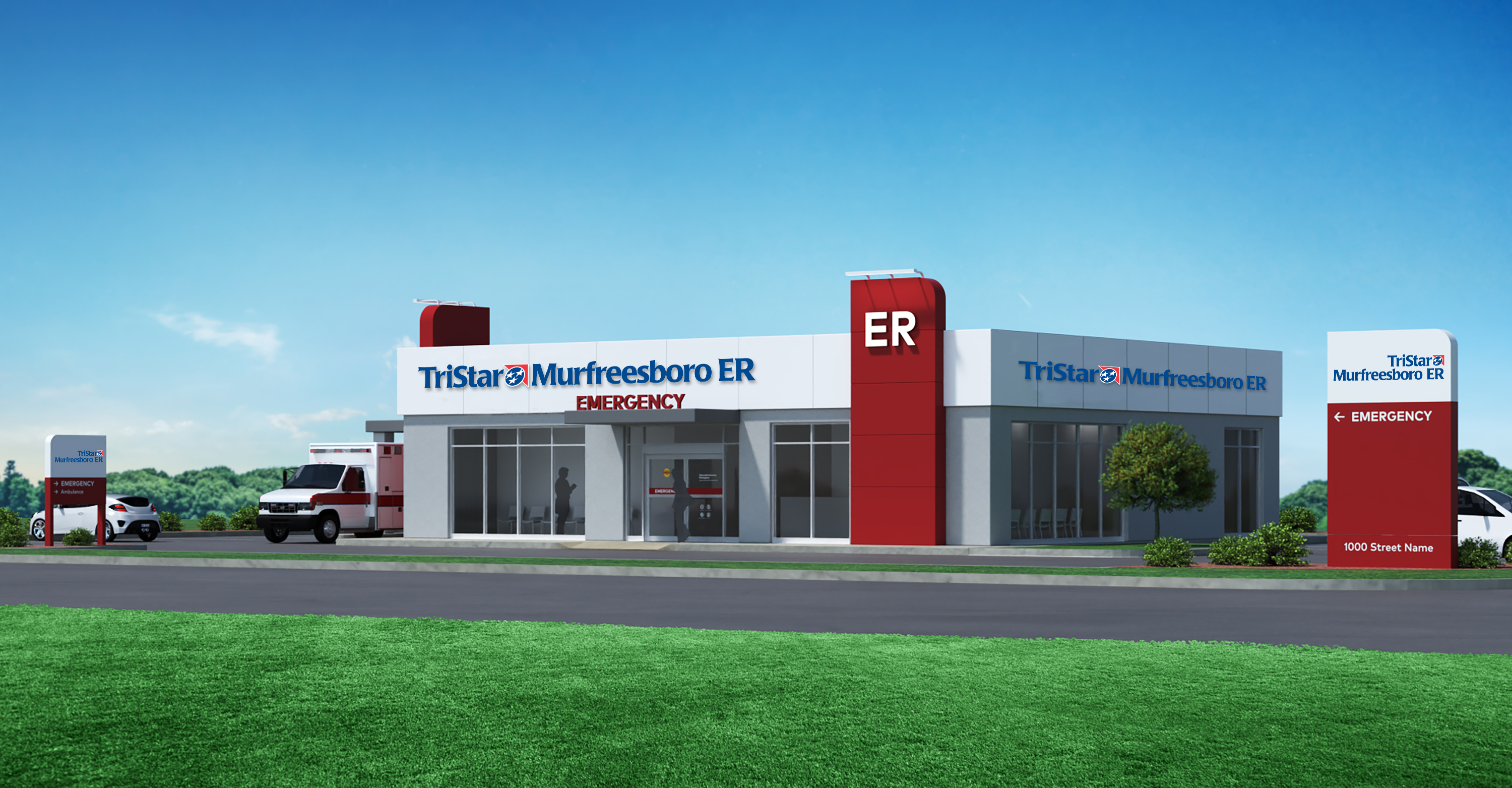 Rendering of the TriStar Murfreesboro Freestanding ER building with modern white and red exterior, large "ER" sign, ambulance bay on the left, and landscaped green lawn in front under a blue sky.