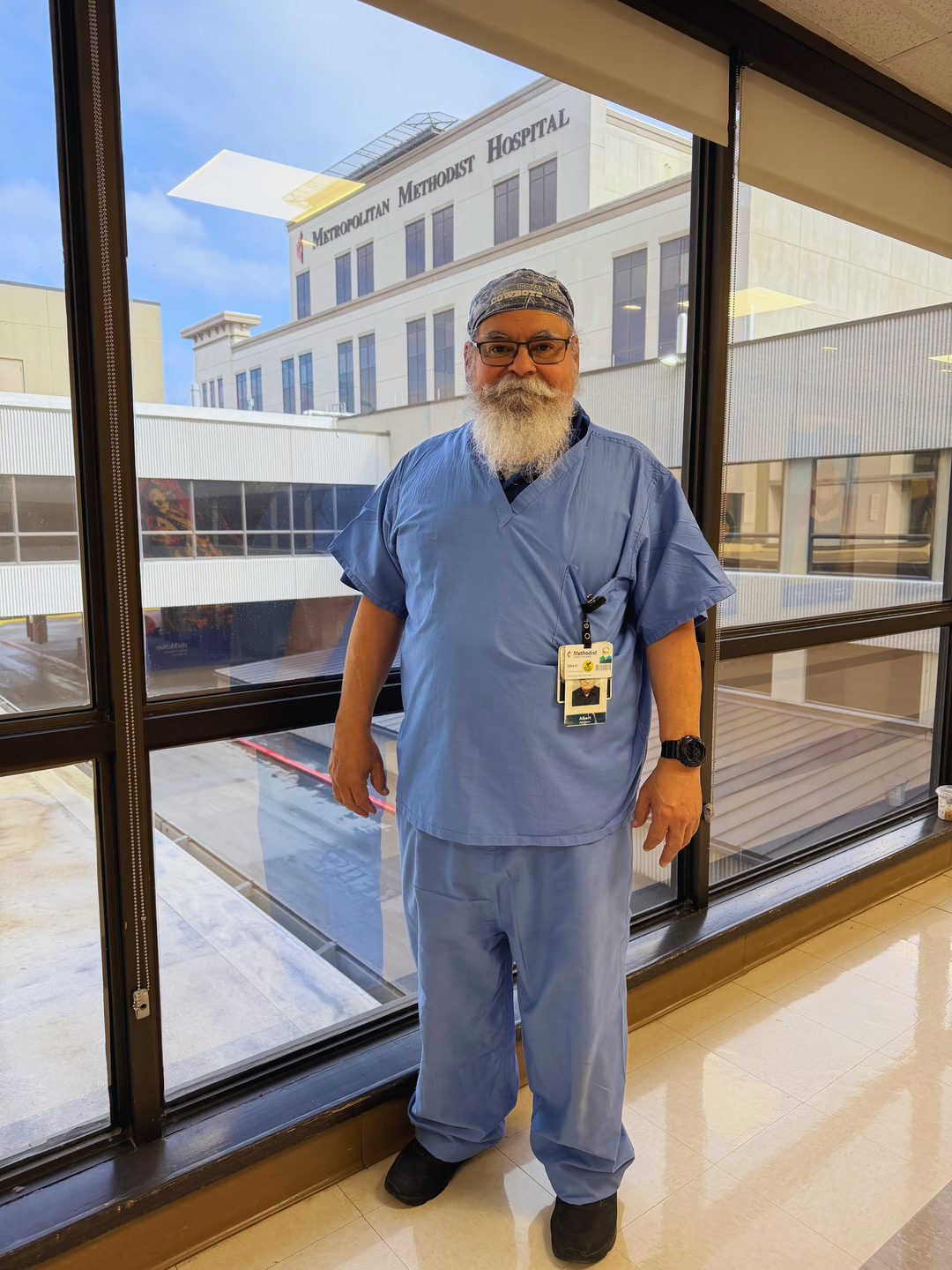 Albert Morales stands in a hallway at Methodist Hospital Metropolitan