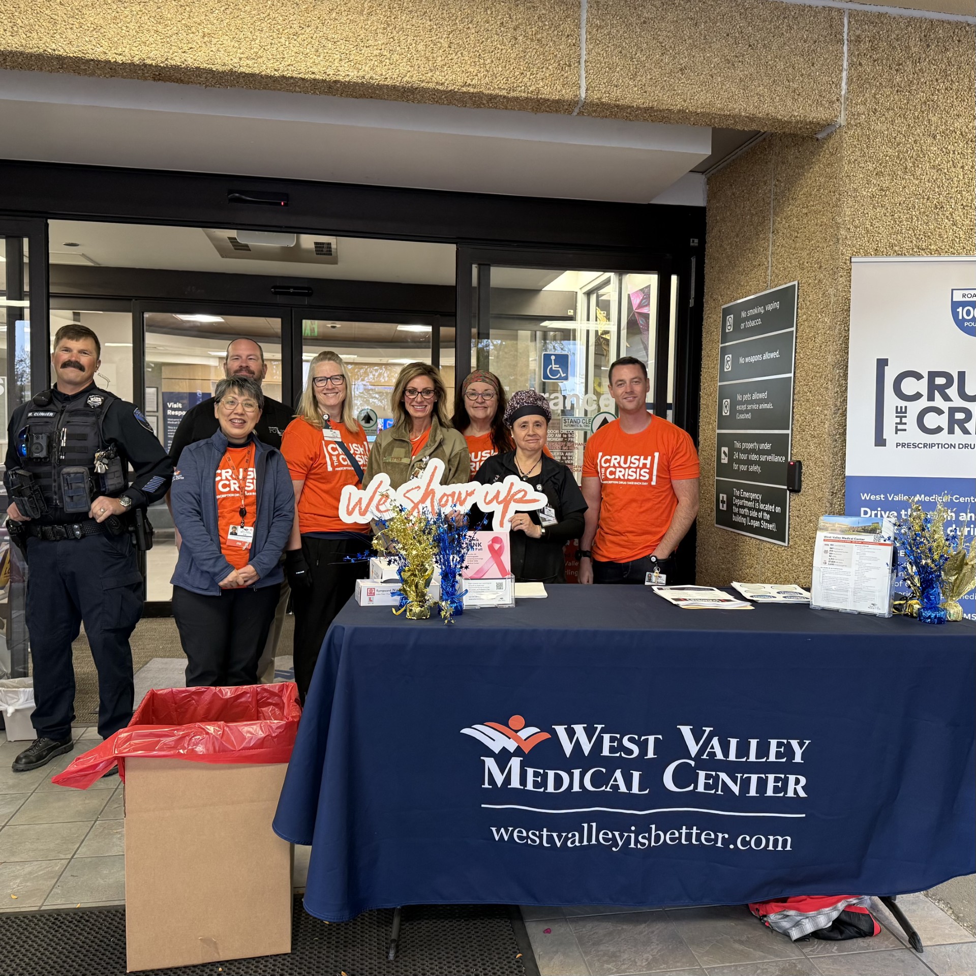 West Valley Medical Center colleagues and the Caldwell Police department during the Crush the Crisis 2025 event, collecting unused medications.