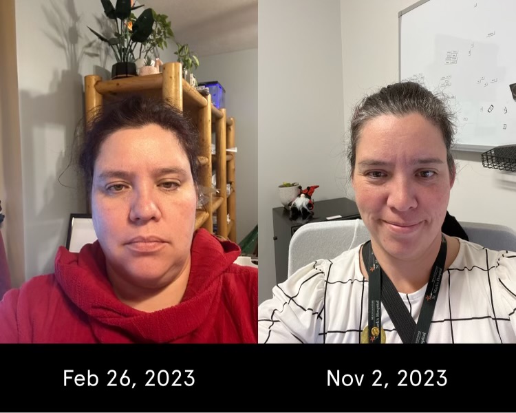 Liz - selfie photo dated Feb 26, 2023 next to Liz Selfie photo dated Nov 2,2023