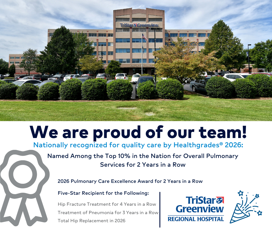 Exterior of TriStar Greenview hospital, visitor's entrance and parking lot, surrounded by trees. Full image description in page text.