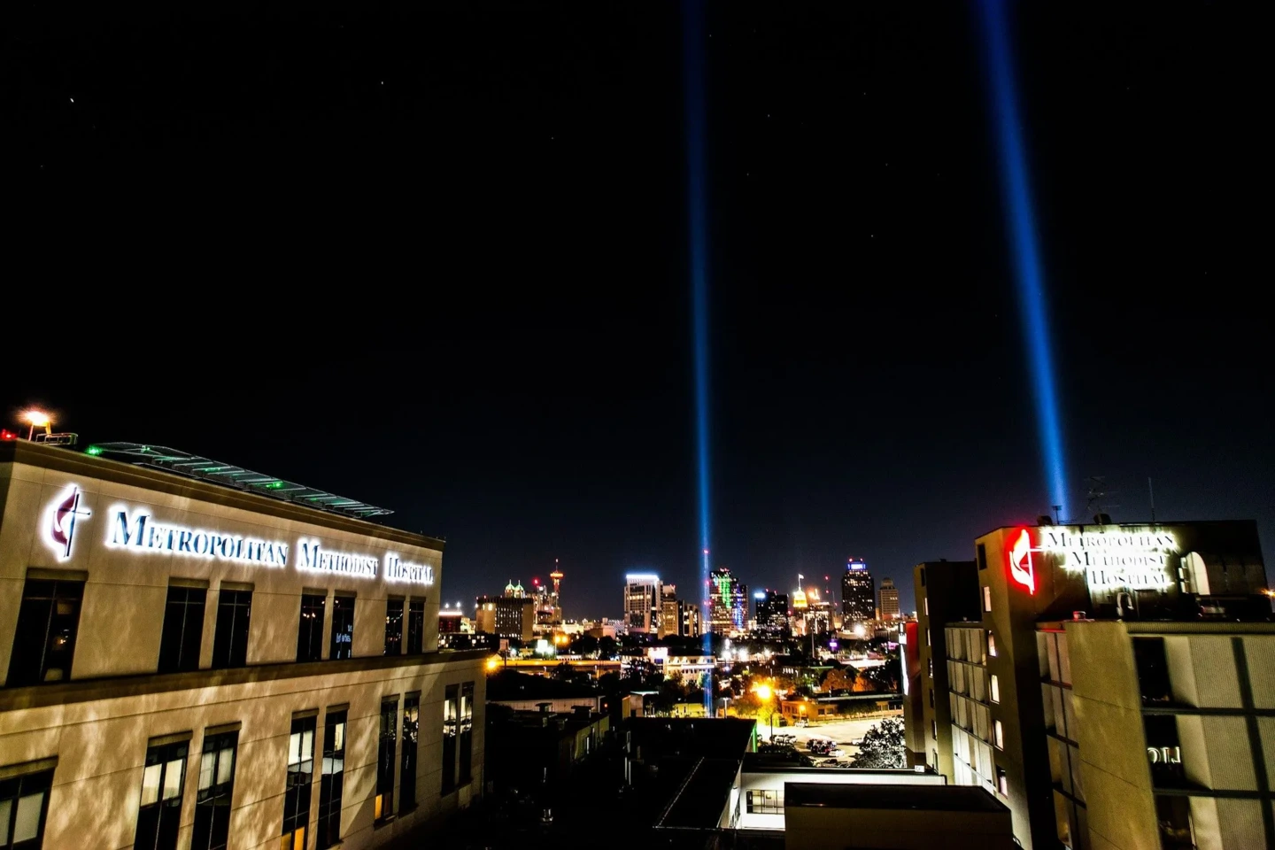 Hospital exteriors are shining red, white, and blue marking the 23rd anniversary of the September 11, 2001 attacks.