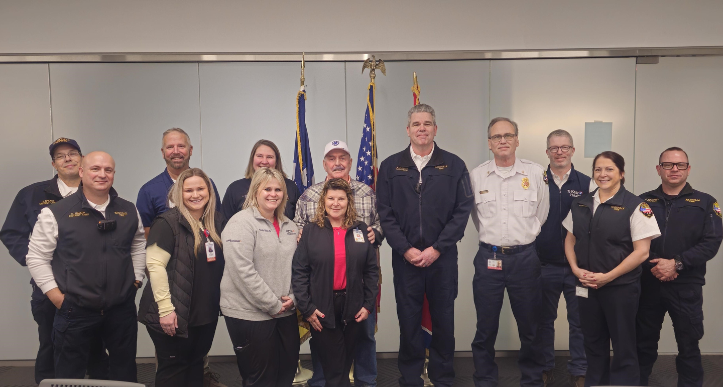 Nashville Fire leadership with Neil Mitchell with representatives from TriStar Skyline and TriStar Health.