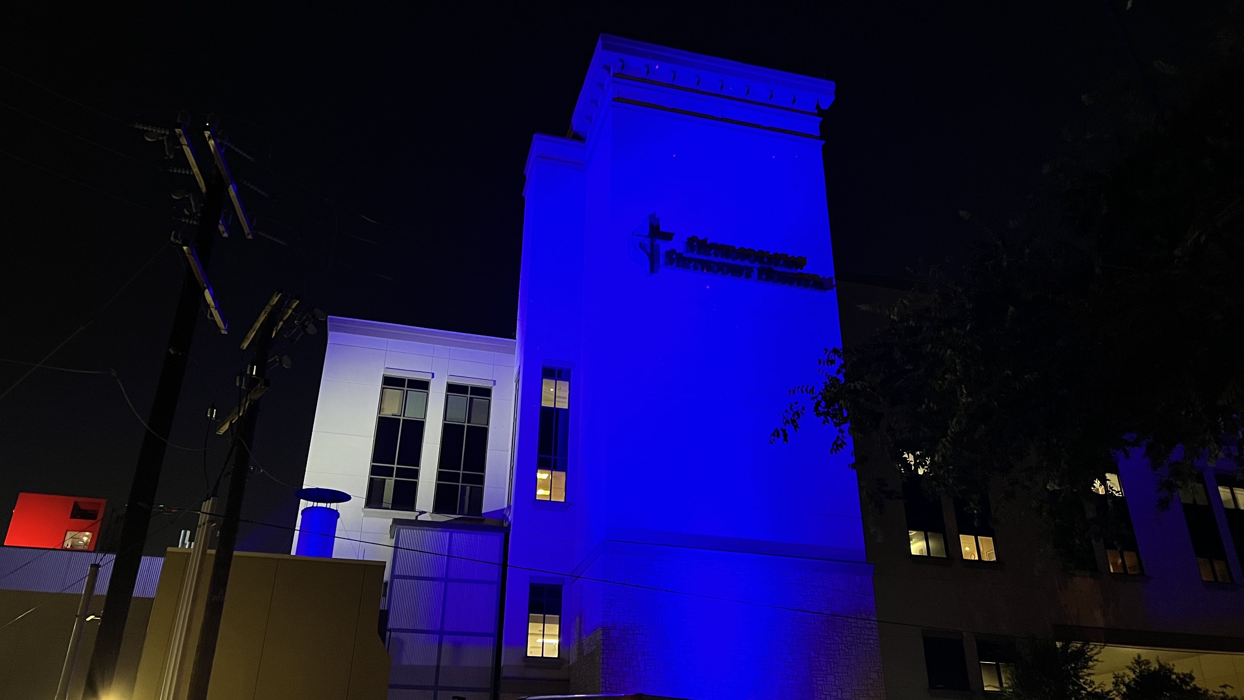 Hospital exteriors are shining red, white, and blue marking the 23rd anniversary of the September 11, 2001 attacks.