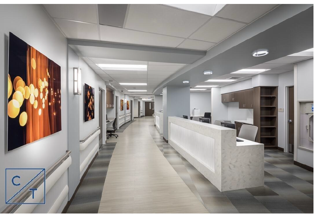 Image rendering of a nurses station in the new inpatient rehabilitation department at Medical City North Hills 