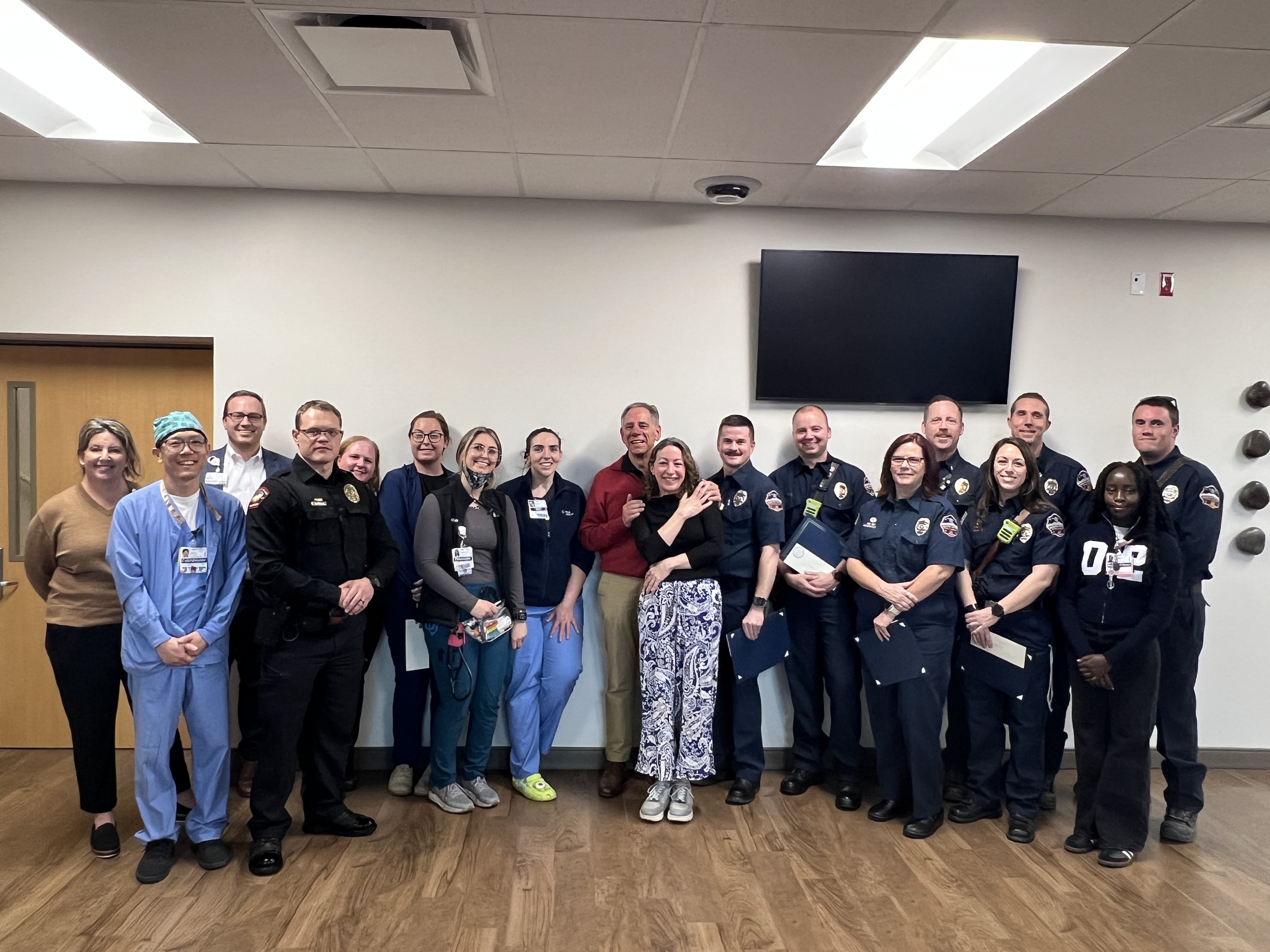 HCA HealthONE Swedish and South Metro Fire Dept care teams reunite with cardiac arrest patient.