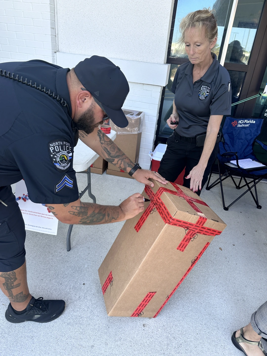 North Port Police Corporal John Contorno and Property and Evidence Technician Billy Chesnut secured the medications collected before transporting them to be destroyed.