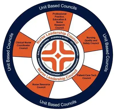 Nurse Leadership Council logo noting the components of the council including quality outcomes, evidence based, collaboration, shared governance and professional development, as well as 5 unit-based councils