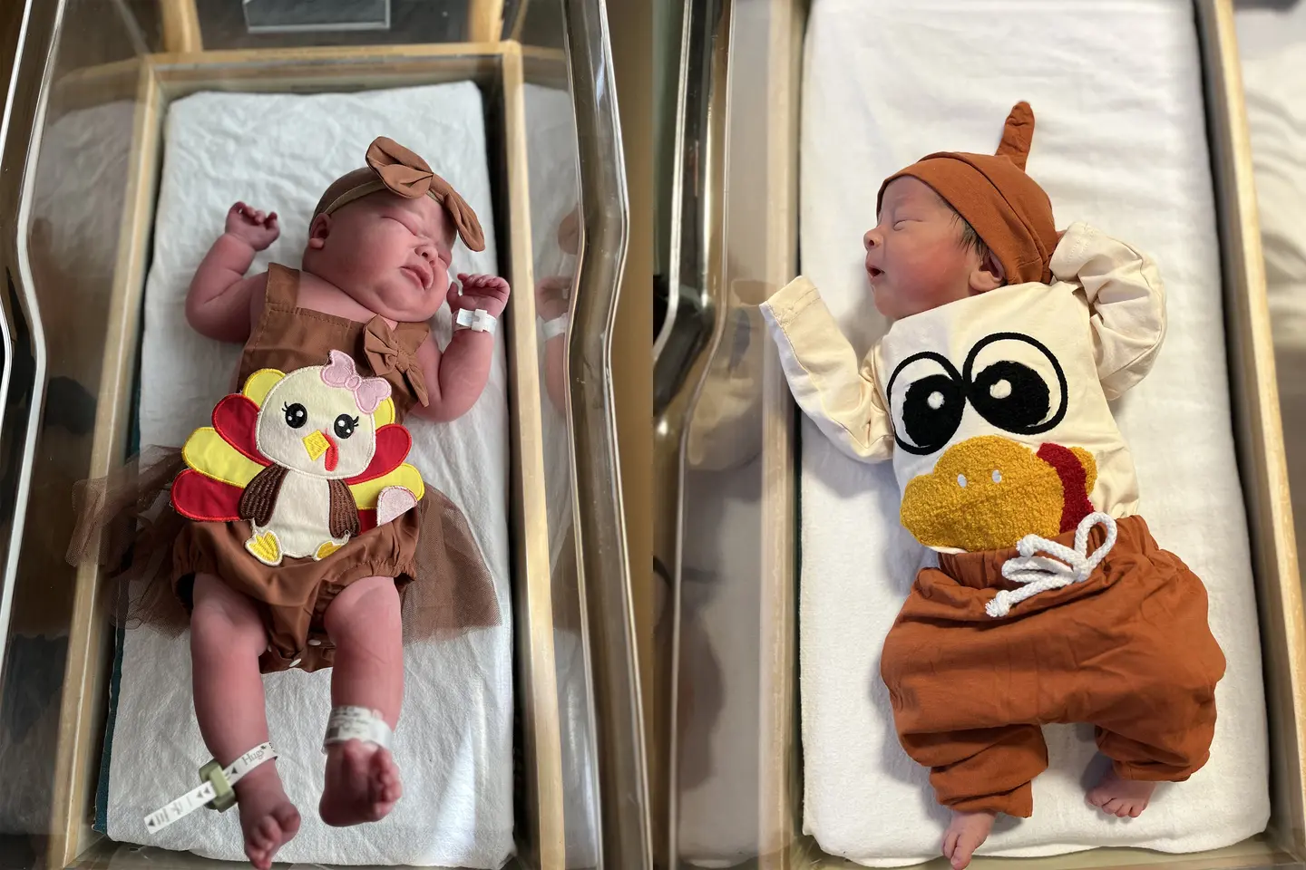Newborn dressed in thanksgiving themed outfit.