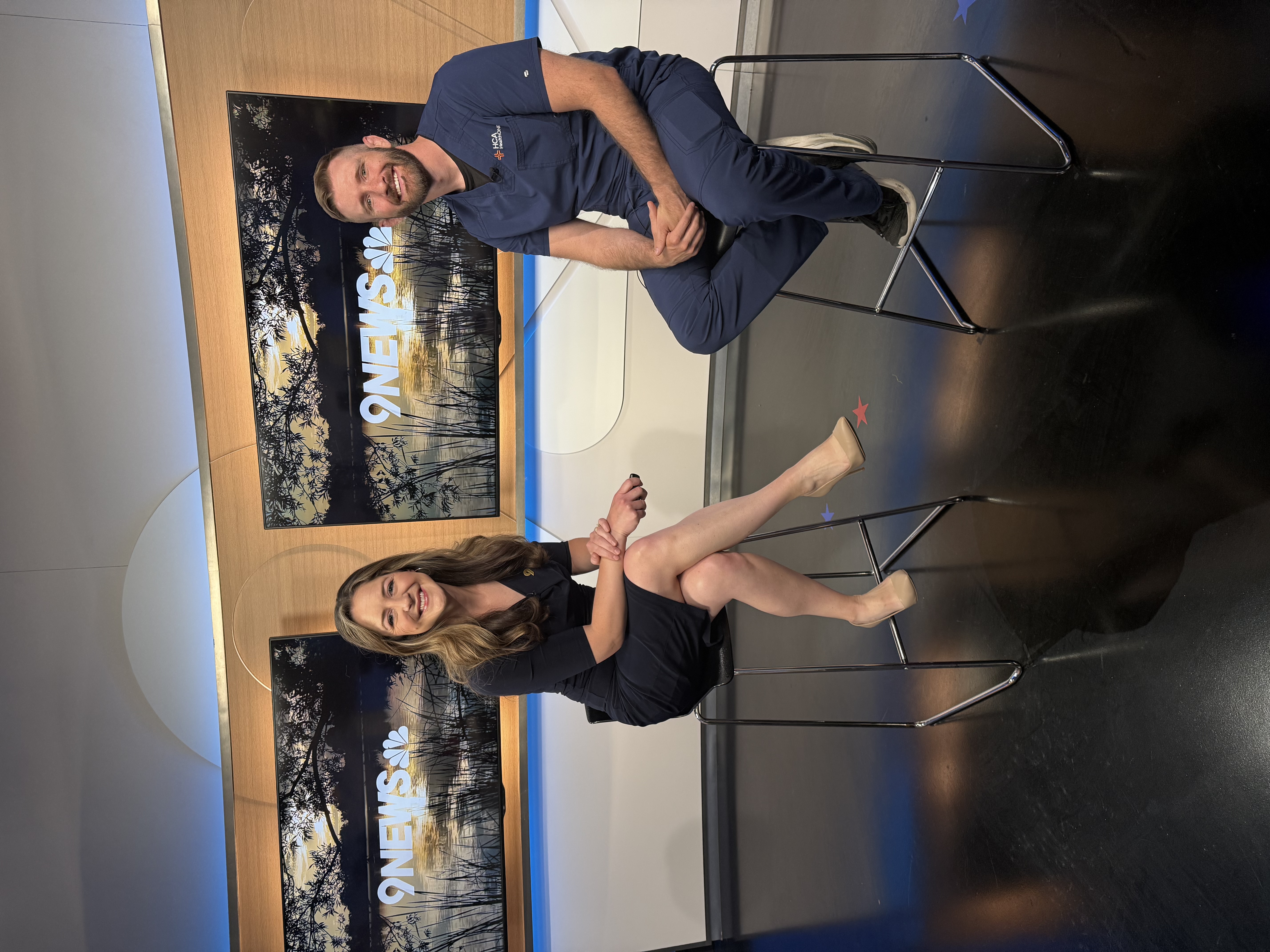 Image of Morgan Jared and a News9 host sitting in chairs on the news set