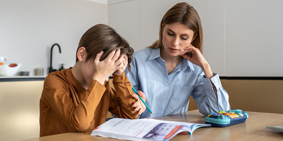 A female adult teaching a young male student.