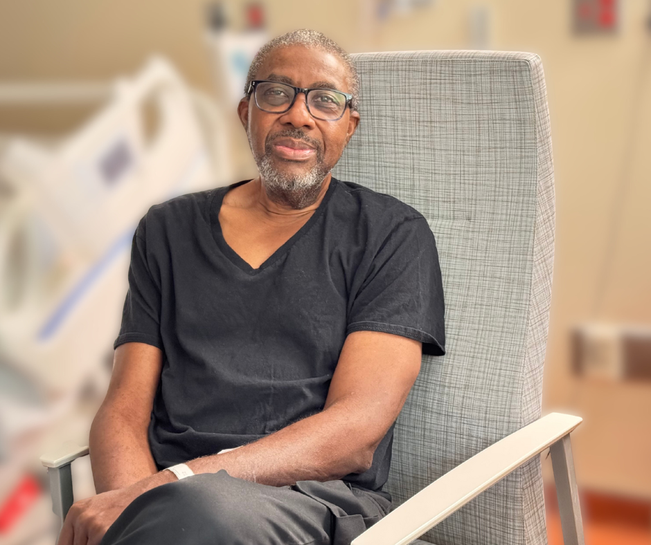 Edward Best sitting in a Medical City Las Colinas hospital room.