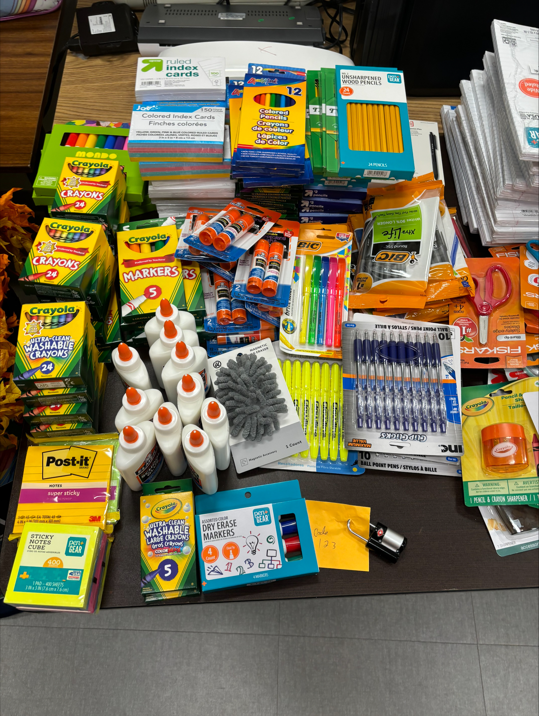 Caryons, glue, pens, markers, scissors, and other supplies donated to the Back to School Drive.
