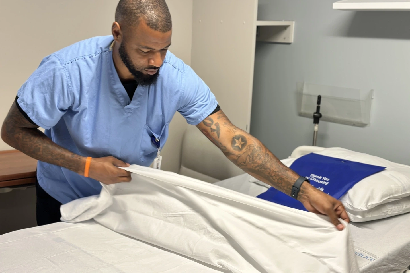 Director of Environmental Services Jarvis Williams worked alongside his team to put fresh linens on beds, clean rooms and provide a safe environment for patients.