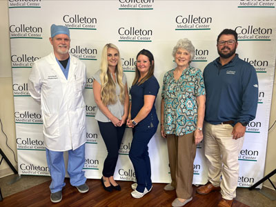 2025 Frist Humanitarian and Excellence in Nursing award recipients Dr. Larry Conley, Blaire Stanfield, Bonnie Priester, Sandra McAlhaney, and Josh Stackley.