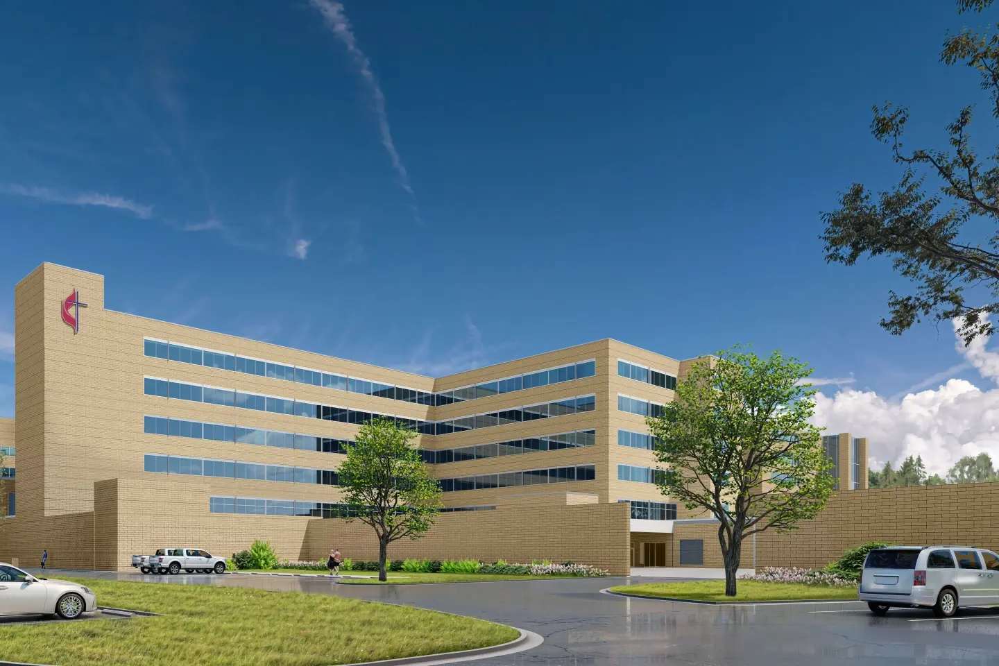 Digital Rendering of Methodist Hospital Stone Oak vertical expansion, a five-story brown building.