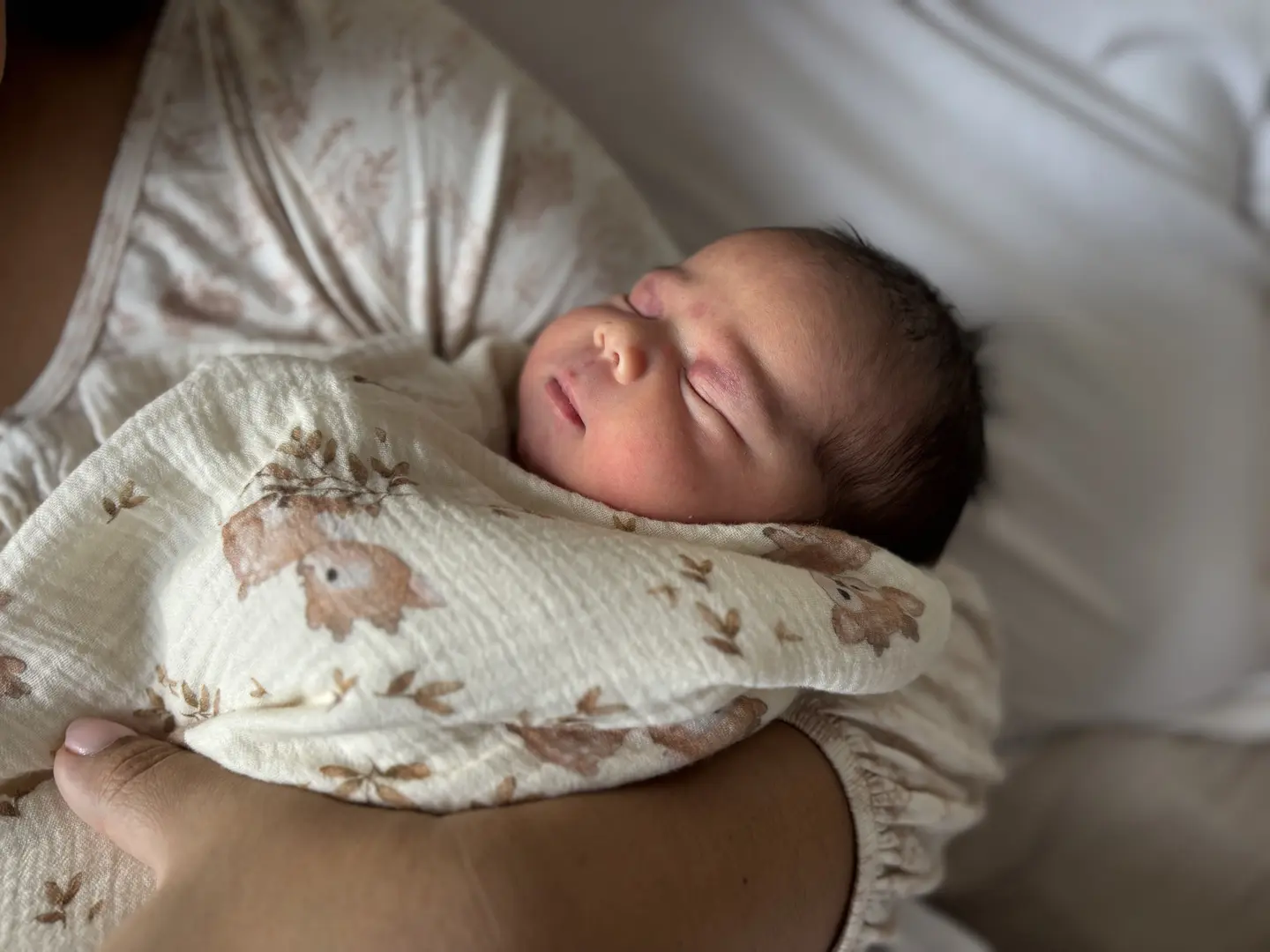 The baby of Genevieve and Daniel is shown happily resting.