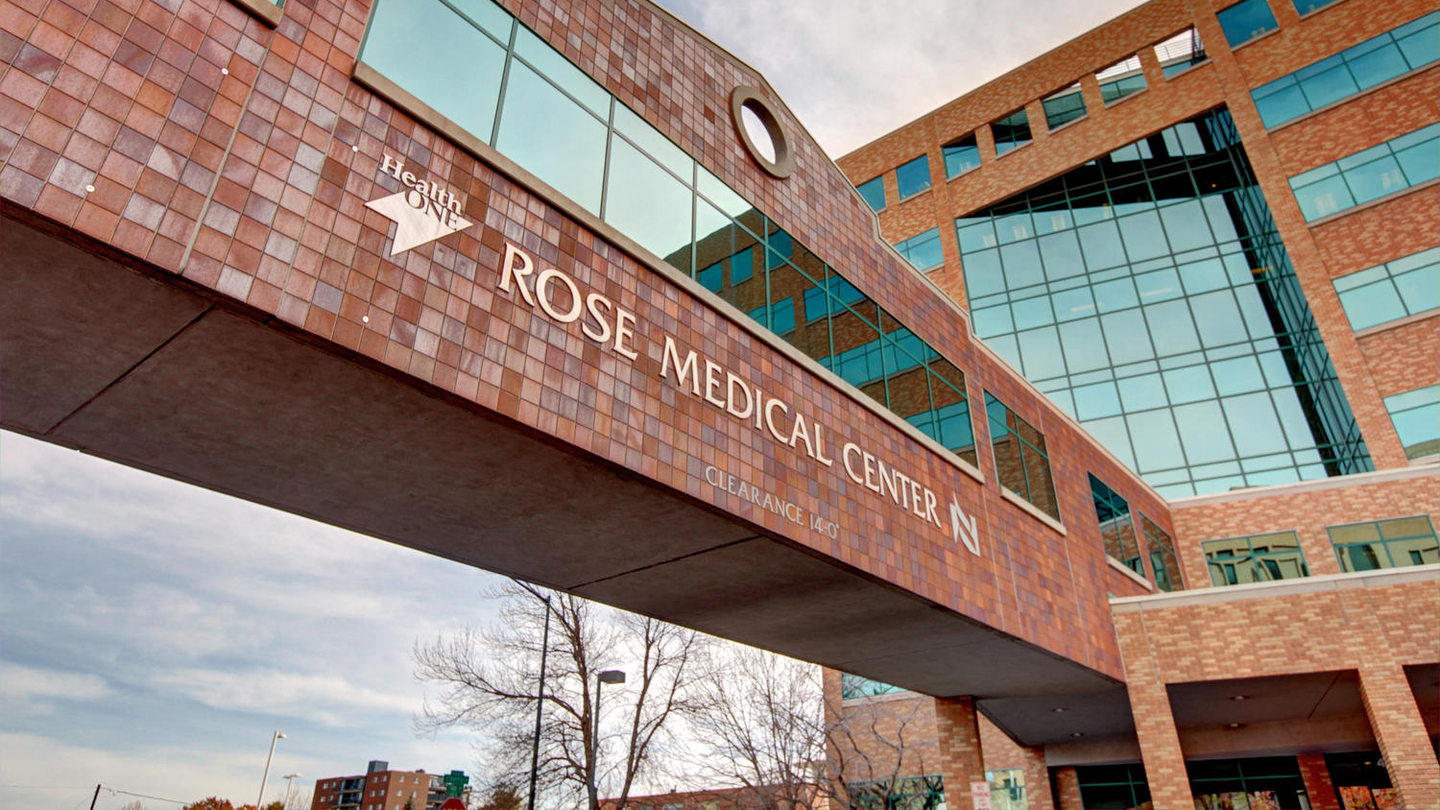Exterior view of the Rose Medical Center building bridge