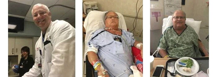 Three images: the first shows Dr. Timothy Hamilton, a cardiovascular and thoracic surgeon at the Nevada Cardiovascular and Thoracic Institute, standing in a clinical setting; the second shows Kelly Zeh lying in a hospital bed shortly after surgery, connected to medical equipment; and the third shows Kelly Zeh seated in a chair, appearing more alert and comfortable, taken several days into his recovery.