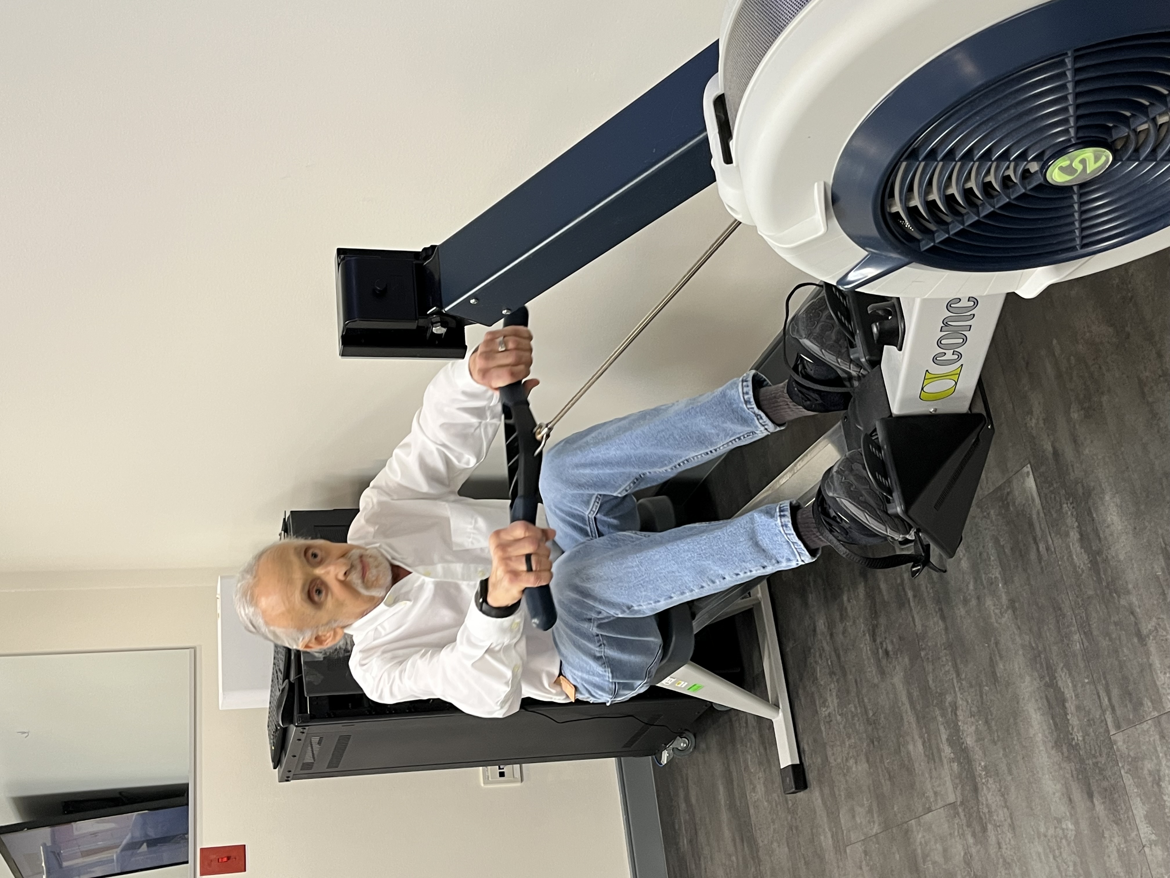 Jonathan Godfrey works out on a rowing machine at the Methodist Hospital Hill Country Outpatient Cardiopulmonary Rehabilitation Center.
