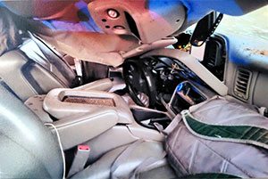 Interior view of Stephen Yago's wrecked truck