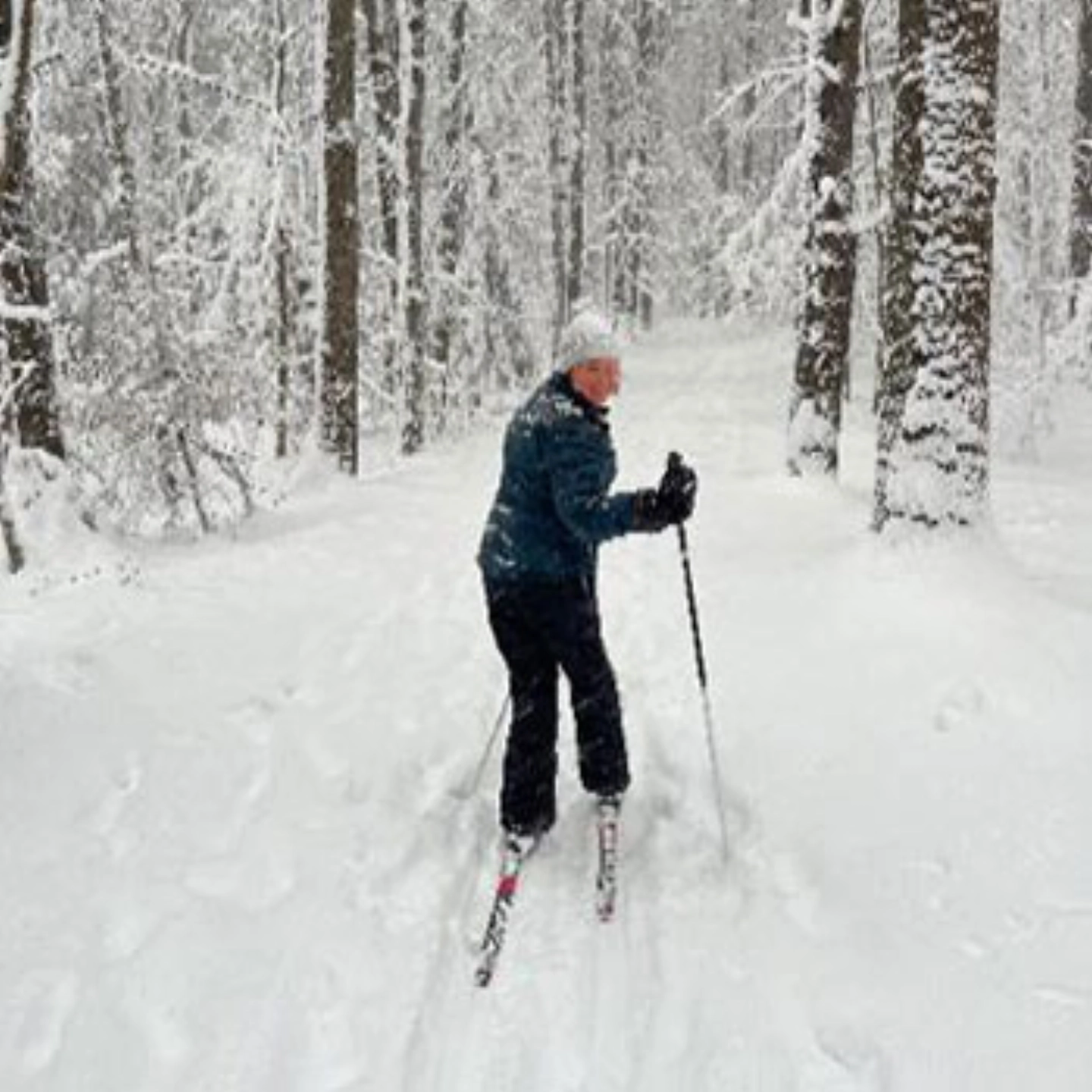 Carolyn cross-country skiing through a snowy forest.