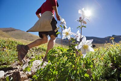 White flowers in the foreground with a person running next to them and mountains behind in the distance.