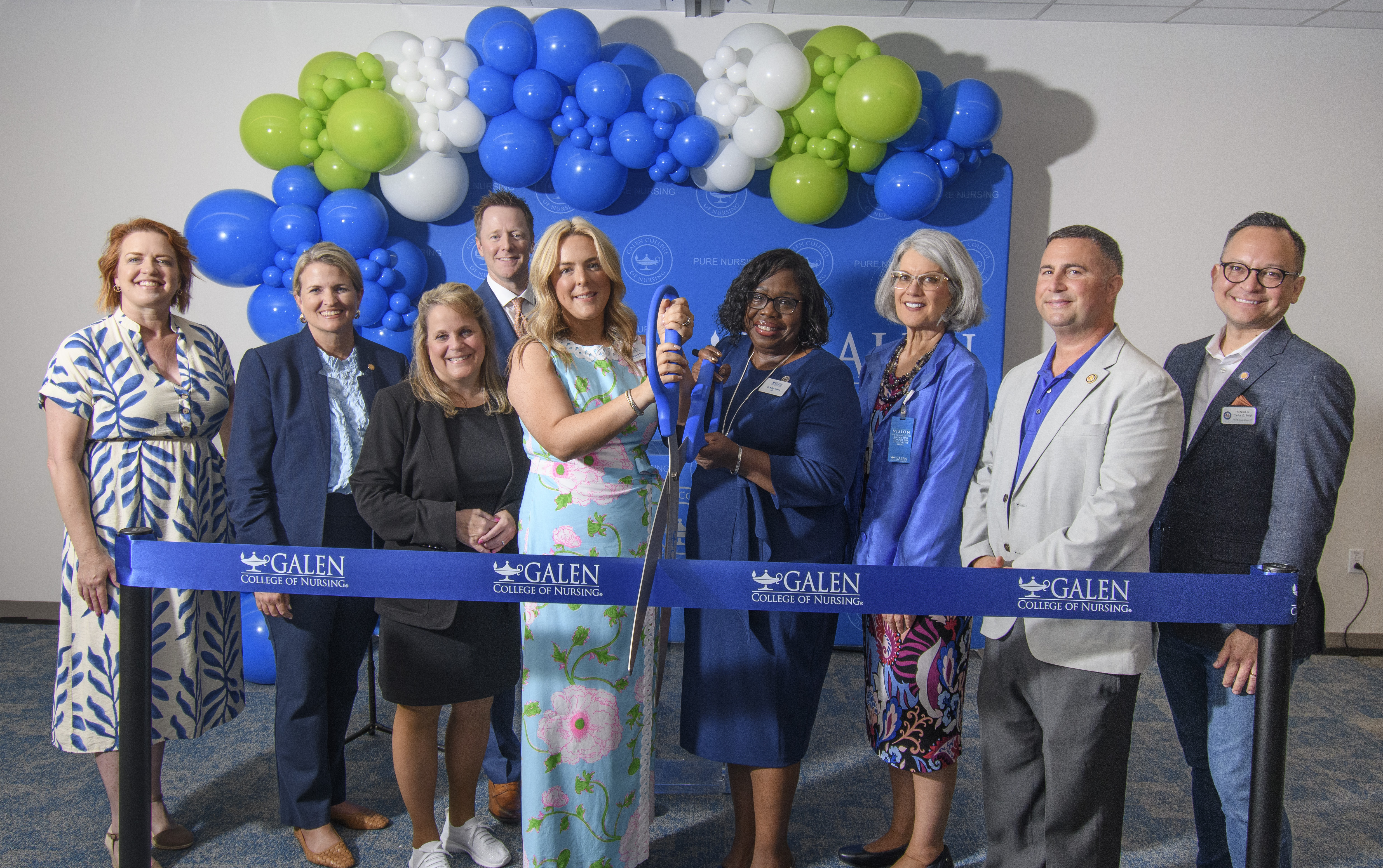 Elected leaders, HCA Florida Healthcare and Galen College of Nursing executives cut the ribbon at the official grand opening of Galen College of Nursing's new Orlando campus. From left to right: State Sen. Kristen Arrington, State Rep. Erika Booth, HCA Florida Osceola Hospital CEO David Shimp, Dawn Beljin, chief nursing executive, HCA Healthcare North Florida Division, Margaret Brito - Dir of Operations, Dr. Ruby Alvarez, PhD, MSN, RN - Dean of Nursing, Orlando, Dr. Tracy Ortelli, Ph.D., RN, CNE, ANEF, FAAN - President and Chief Academic Officer, U.S. Congressman Darren Soto and State Sen. Carlos Guillermo Smith.