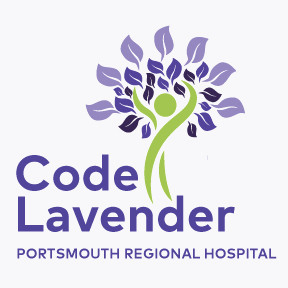 The logo for the Code Lavender program, featuring a green stick figure surrounded by lavender and purple flower petals. Image text reads: 'Code Lavender Portsmouth Regional Hospital'.