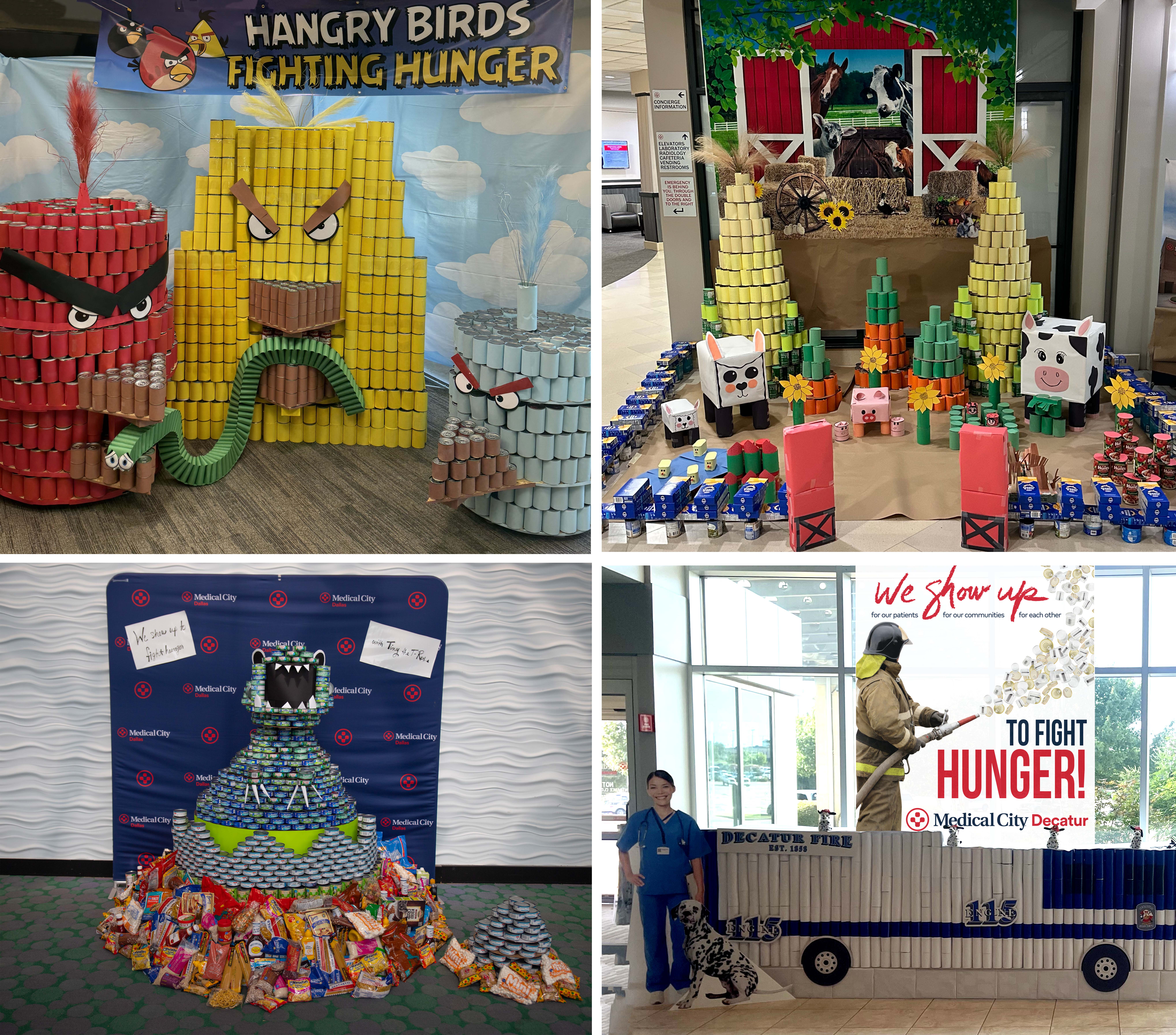 Hangry Birds Fighting Hunger, Tiny T-Rex Shows Up to Fight Hunger, Harvesting Hope and First Responders Fight Hunger-themed food sculptures using cans and boxed foods.