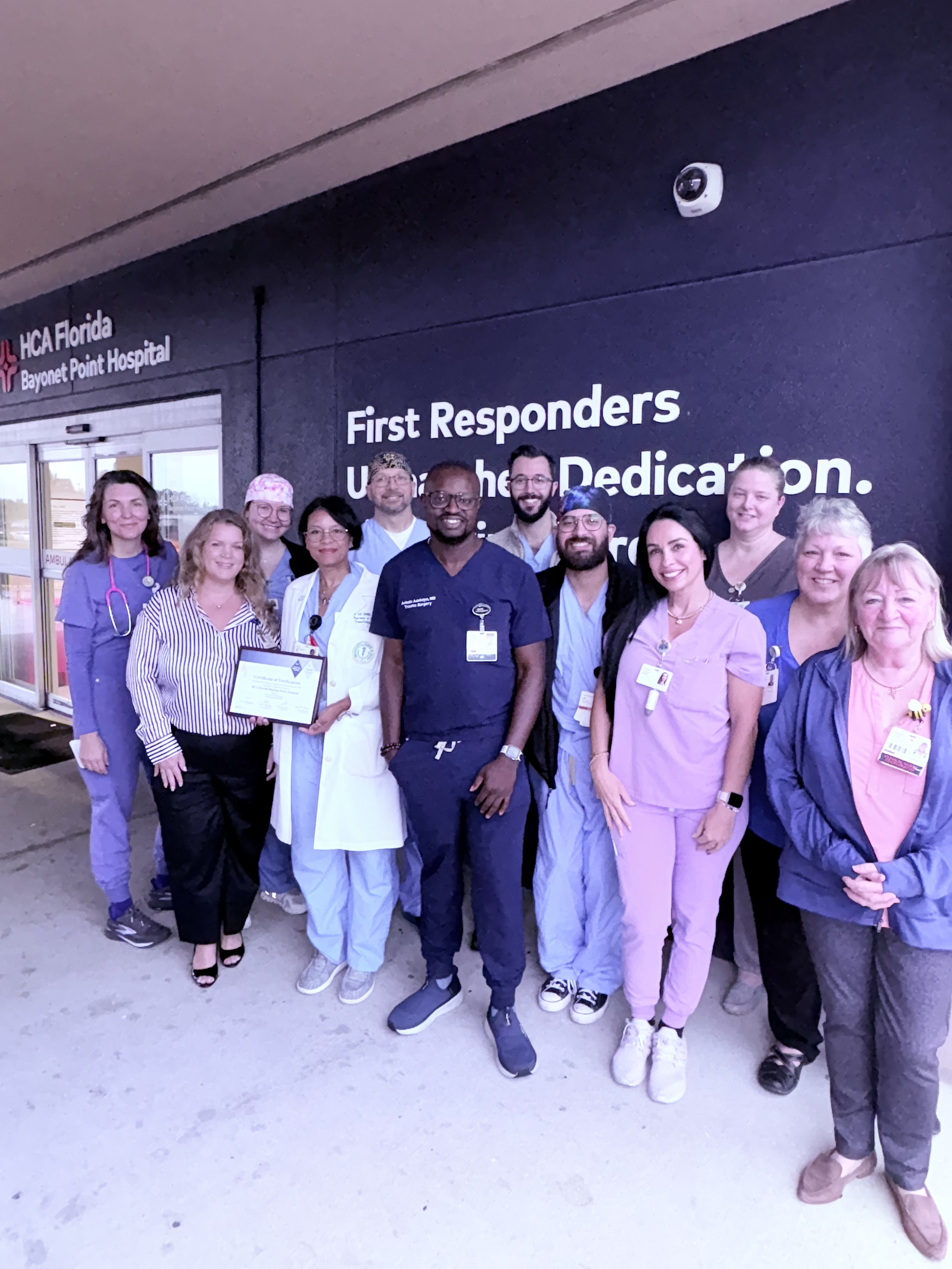 Bayonet Point Hospital trauma team posing with new certification. 