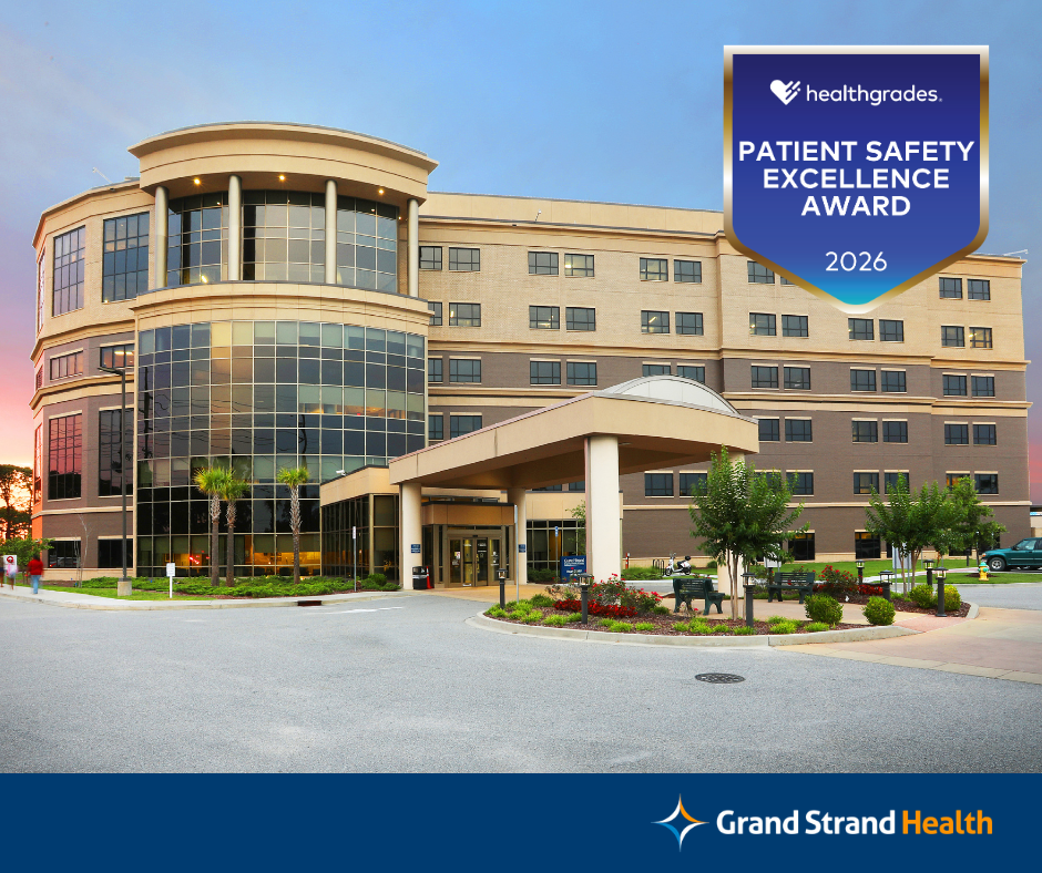 Shows the front entrance of the hospital and an award logo that says "Healthgrades, Patient Safety Excellence Award, 2026"