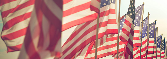 Ten American flags blowing in the wind.