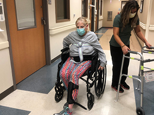 Gwynnie Gist in a wheelchair.