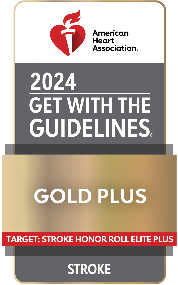 Award illustration that reads American Heart Association 2024 Get with the Guidelines, Gold Plus, Target: Stroke Honor Rolls Plus Elite, Stroke.