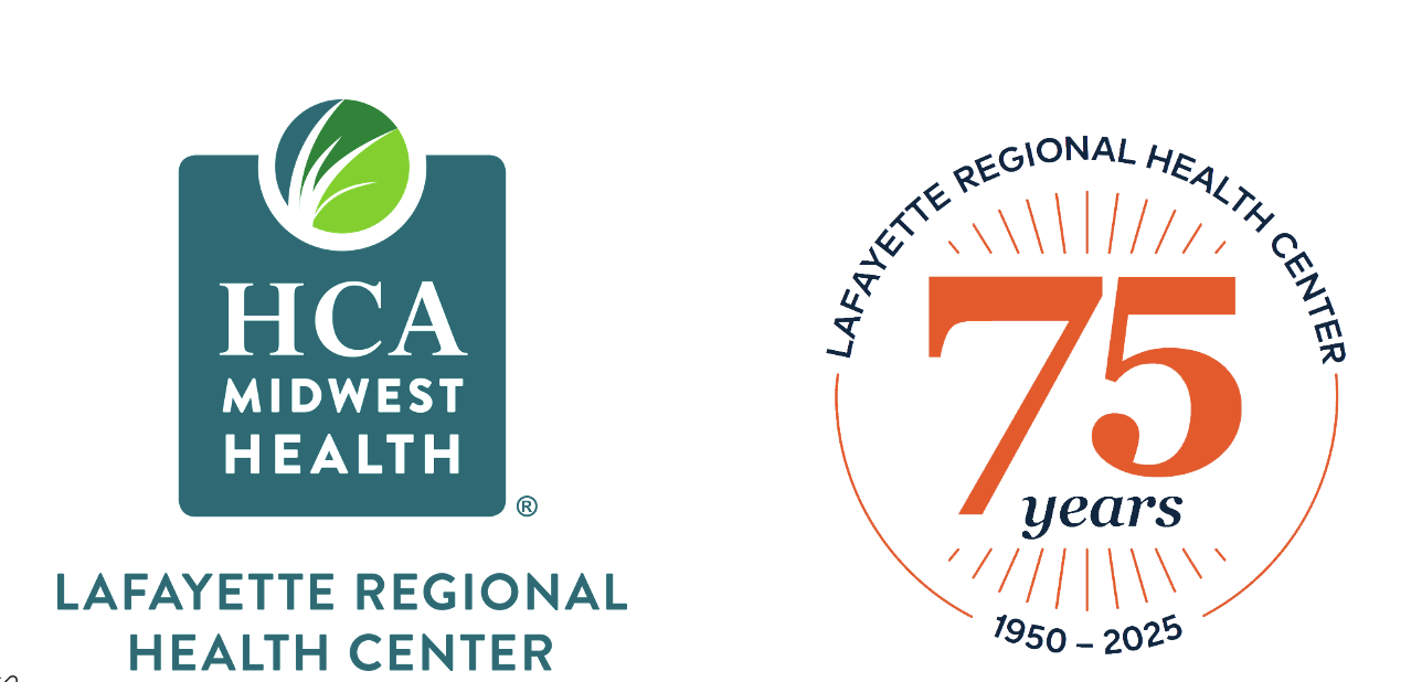 Photo showing of two logos: HCAMidwestHealt LRHC original logo and the new logo, that reads: LFHC 75 years - 1950-2025.