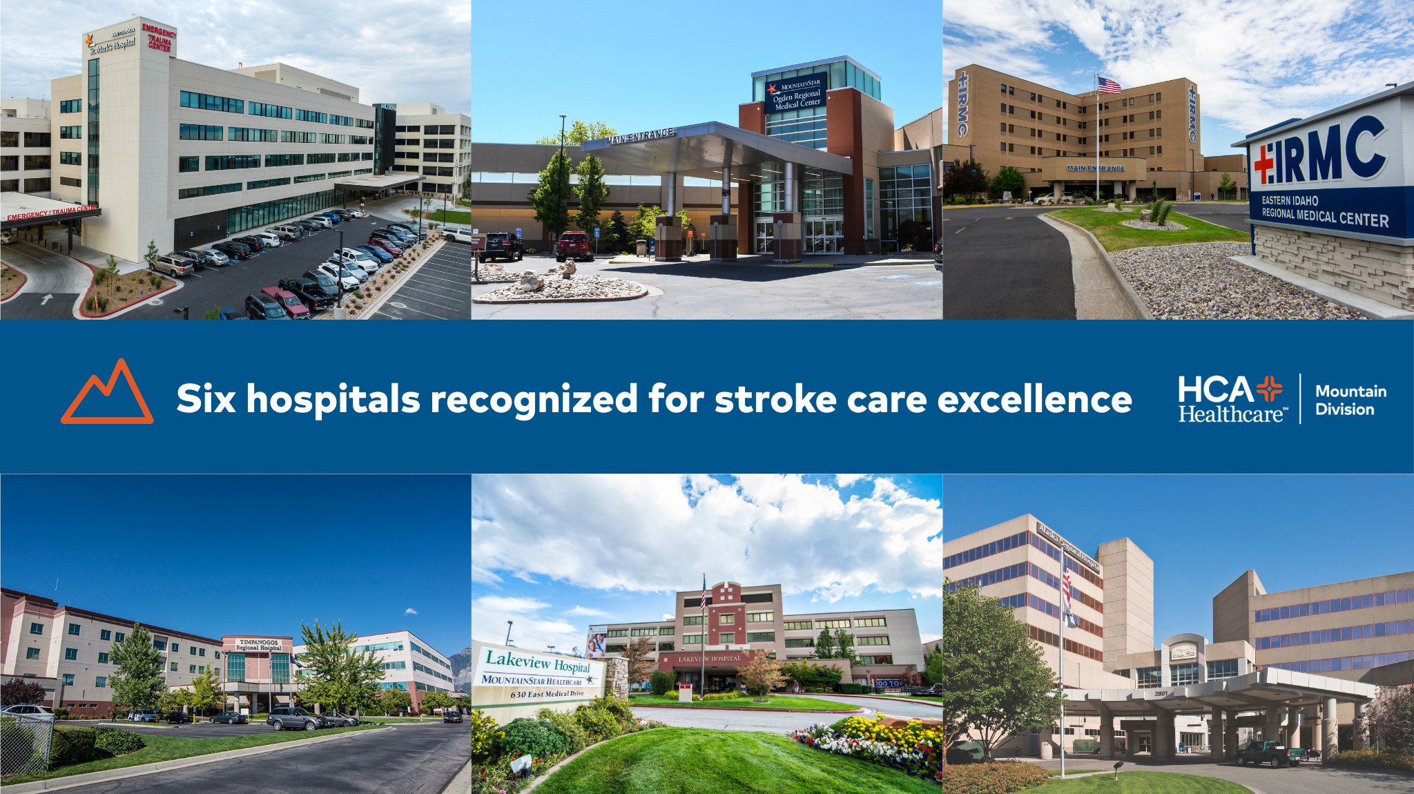 Six hospital images with text that reads "Six hospitals recognized for stroke care excellence" and the Mountain Division logo.