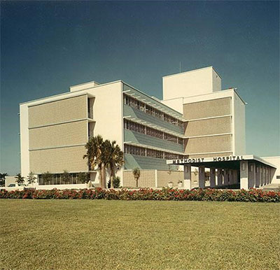 The outside of an early iteration of the Methodist Hospital.