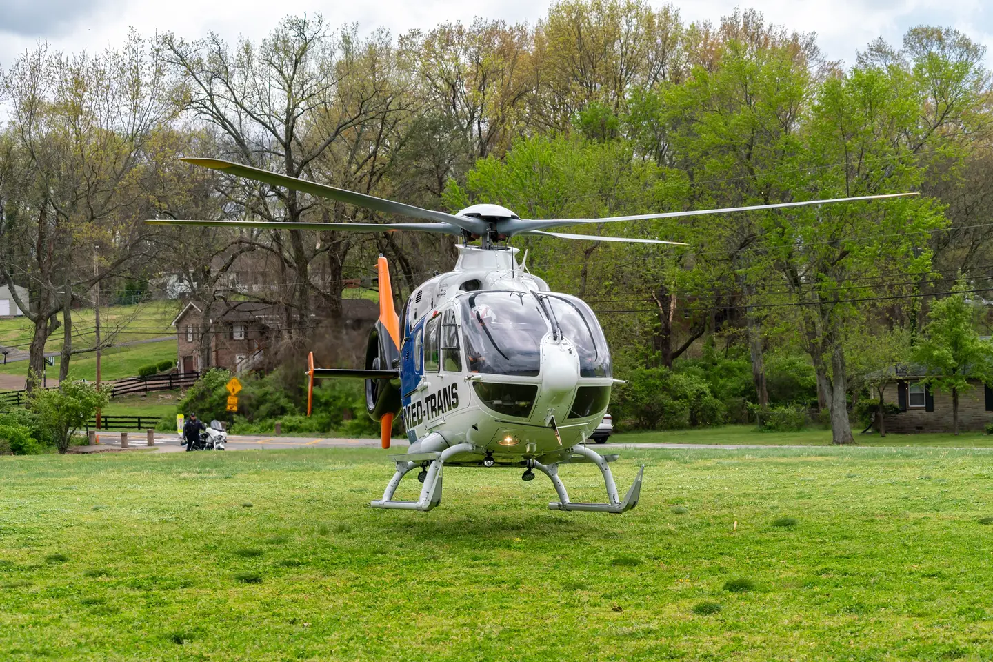 TriStar SkyLife helicopter landing at the Hendersonville High School front yard.