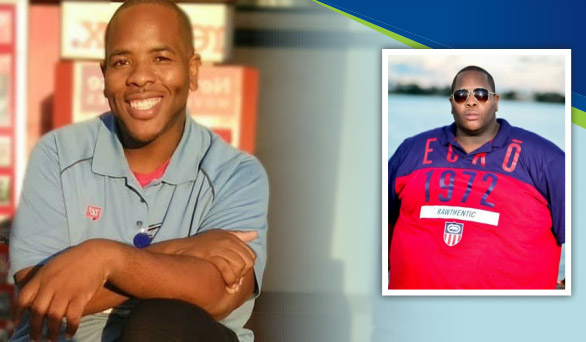 TJ Lewis with an inset image of TJ before his bariatric surgery.