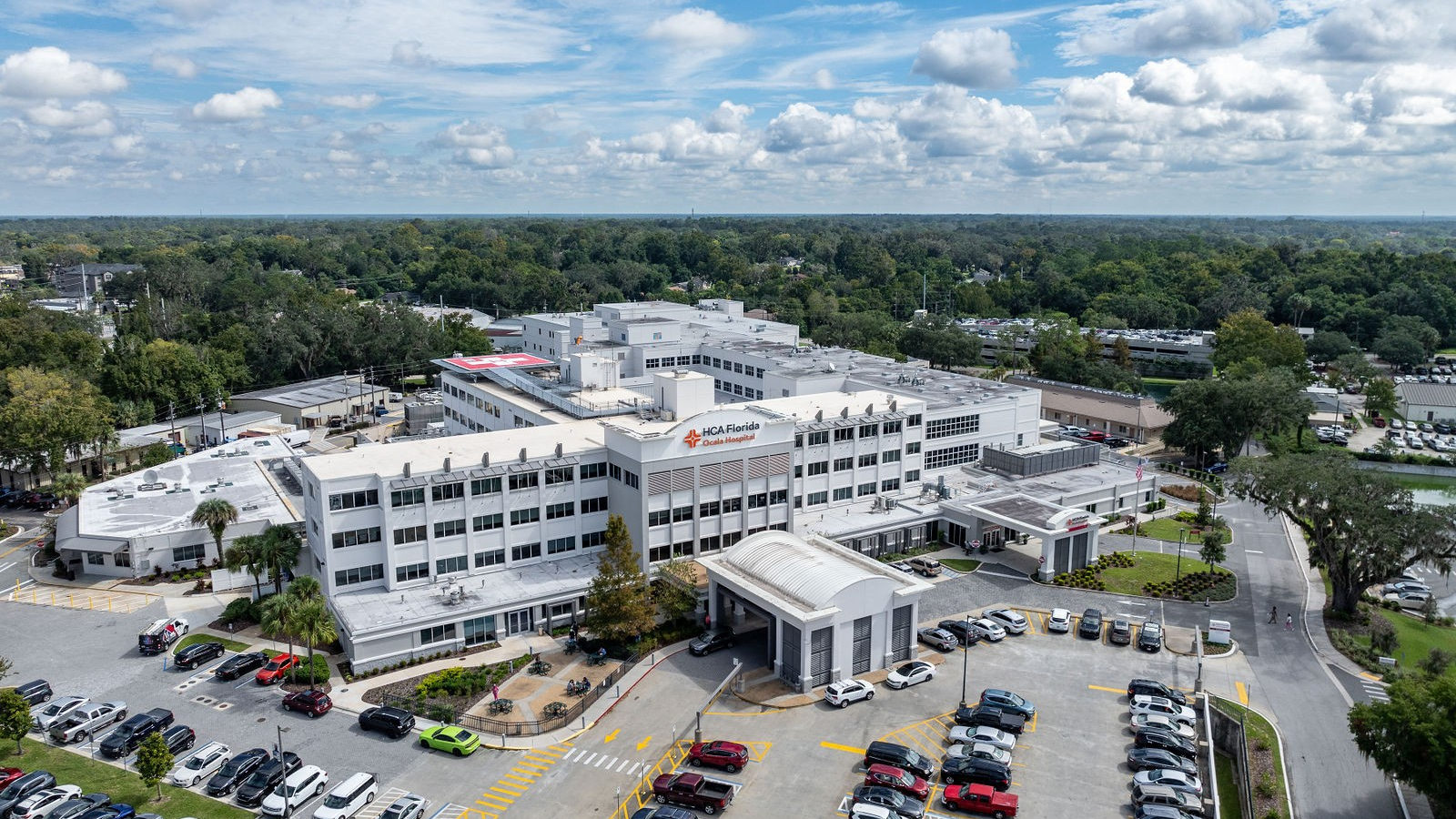 Aerial photograph of Ocala Hospital, a five-story white building.