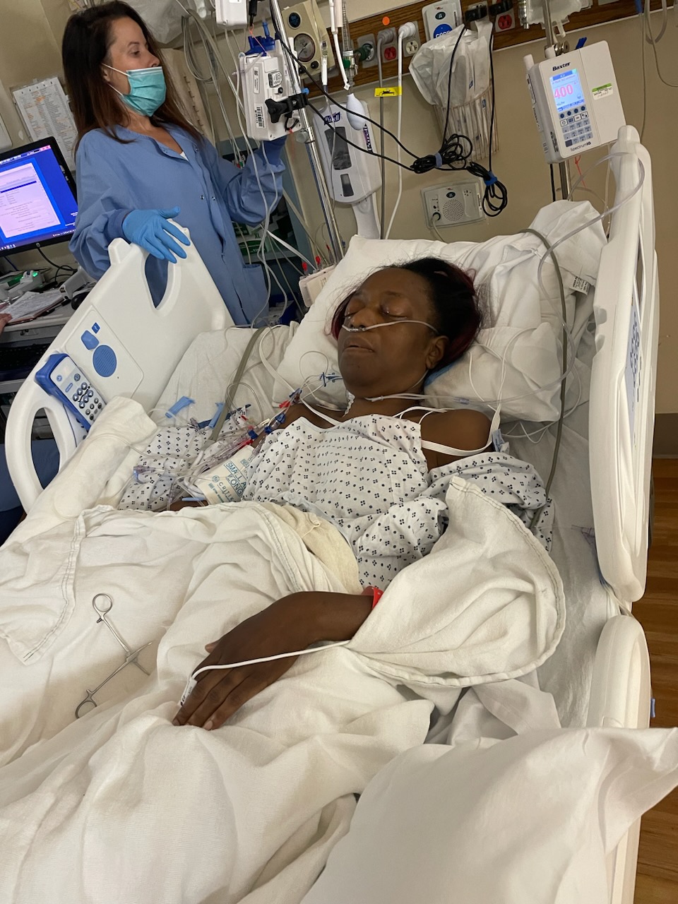 Stephanie Tombs in hospital bed